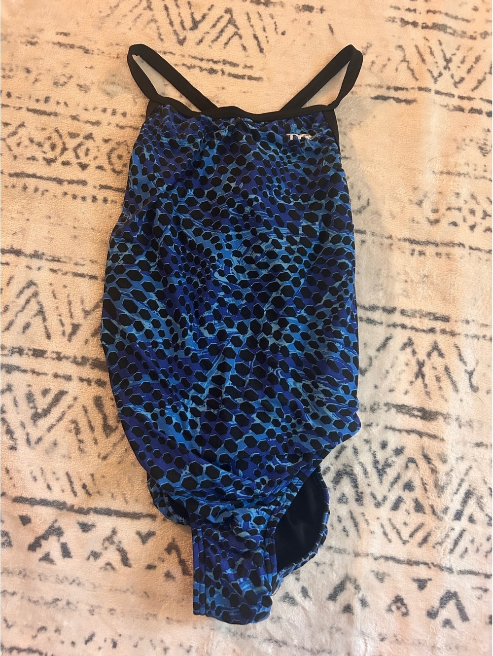 TYR Women's One-Piece Swimsuit Blue Black Hex Pattern Size 28